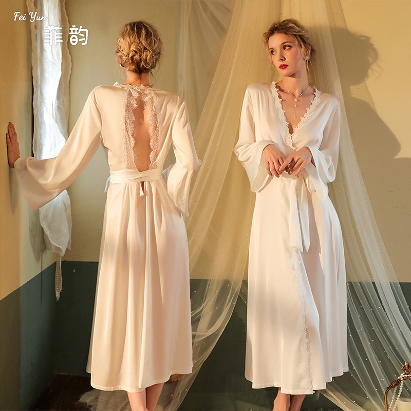 Women Pajamas Long Robe Set Lace Homewear Faux Silk Sleepwear Bathrobe